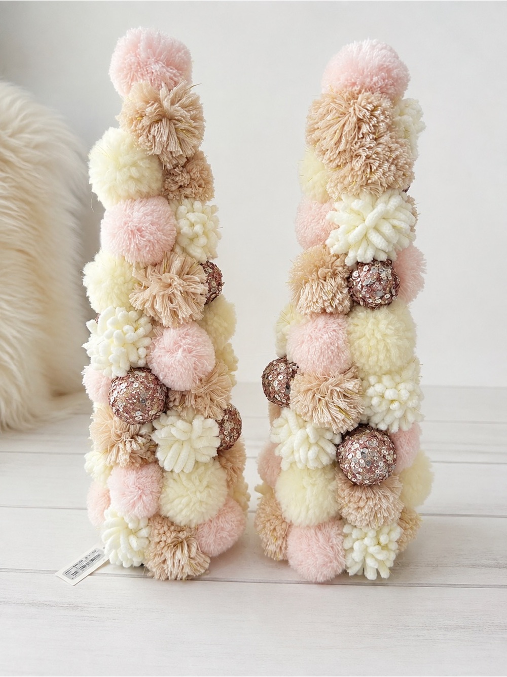 Pom-Pom Decorative Holiday Home Decor Tree Pair in Blush, Cream & Beige